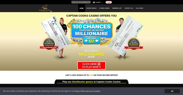 Screenshot of Captain Cooks Casino website