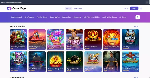 Screenshot of Casino Days Casino website