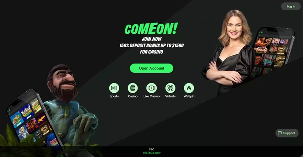 Screenshot of ComeOn Casino website