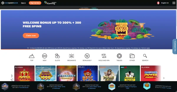 Screenshot of Conquestador Casino website