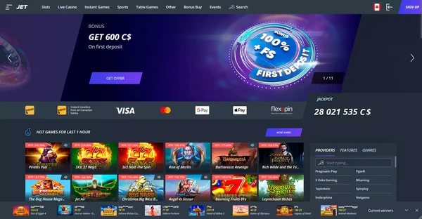 Screenshot of Jet Casino website
