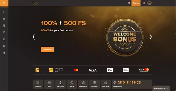 Screenshot of Sol Casino website