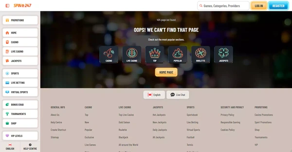 Screenshot of Spin247 Casino website