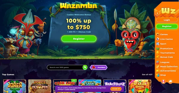 Screenshot of Wazamba Casino website