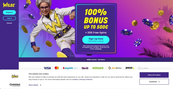 Screenshot of Wildz Casino website